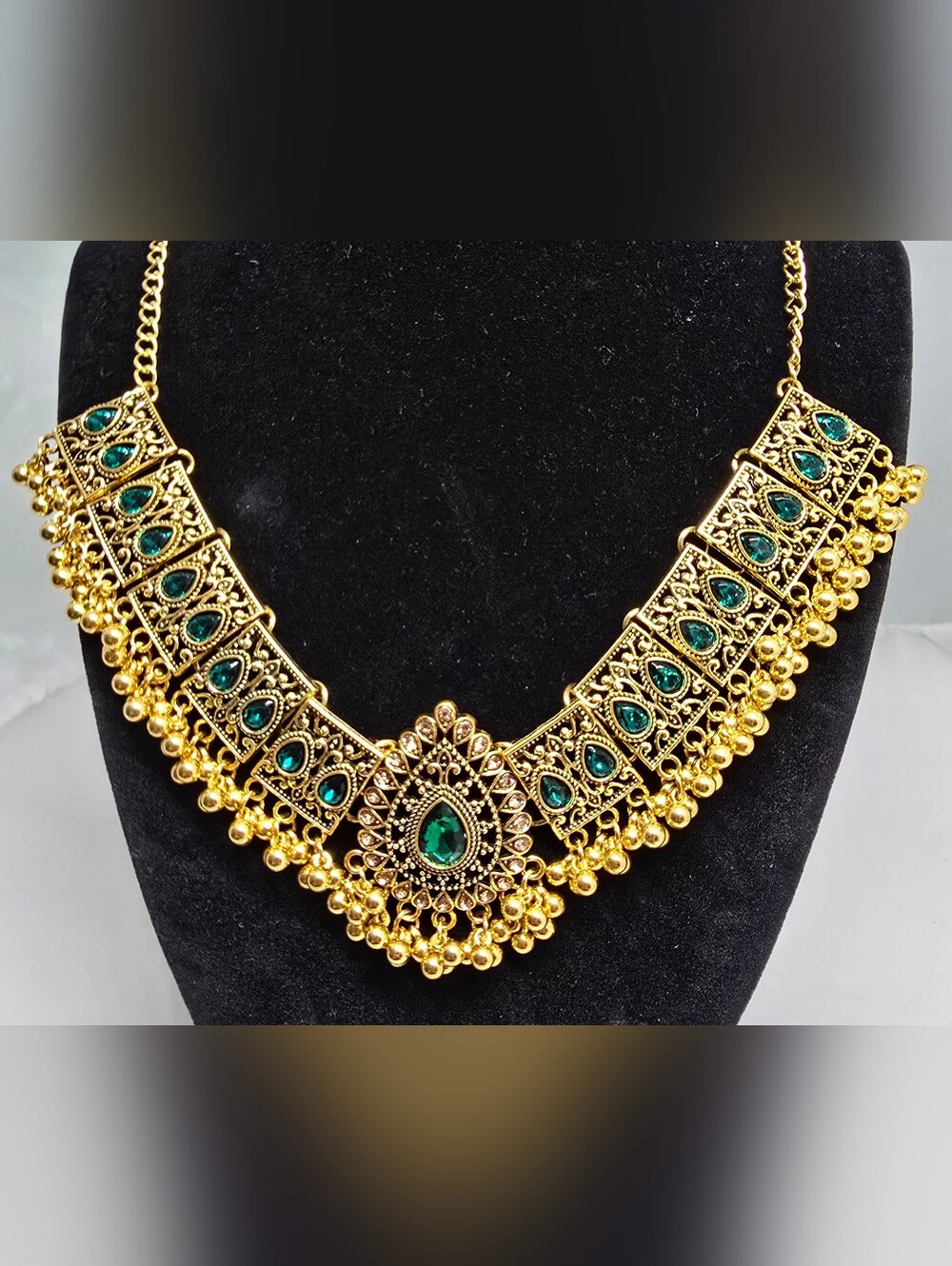 Gold-Tone Green Teardrop Statement Necklace